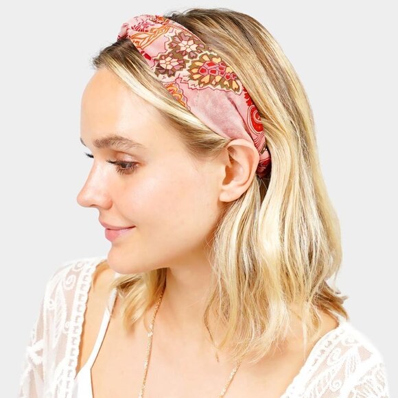 68. Red Paisley Fabric Patterned‎ Twisted Headband - Picture 2 of 2